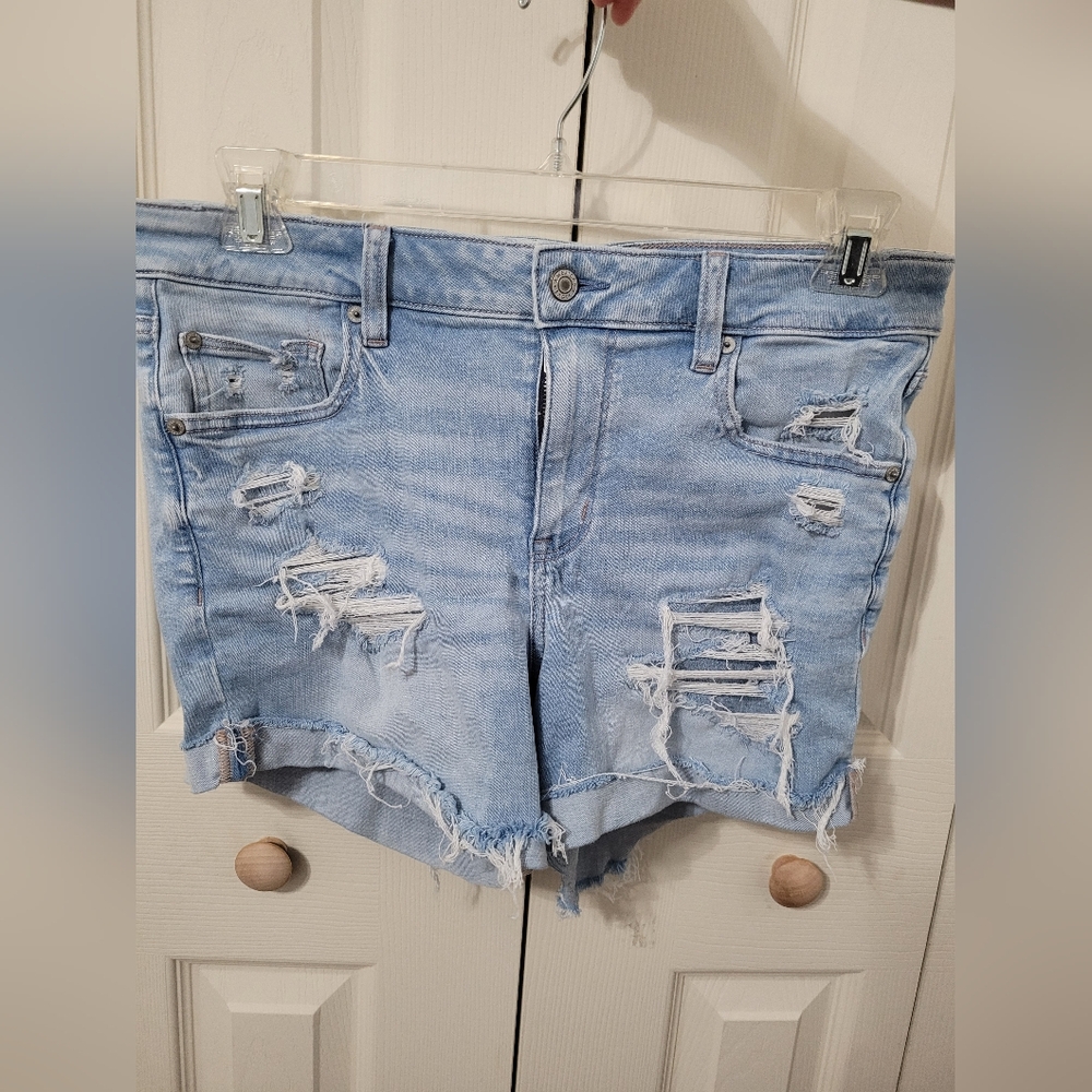 AE MIDI Distressed Light Blue Denim Shorts